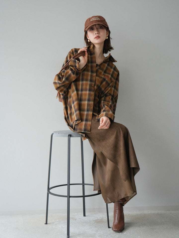 [予約]起毛チェックオーバーシャツ/キャメル