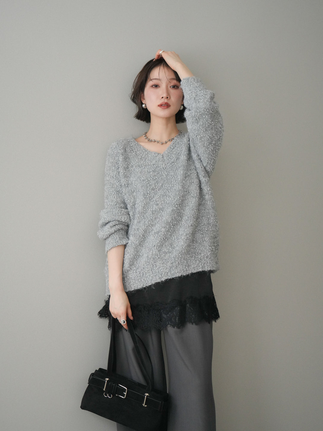 [SET]Vネックスラブニットプルオーバー+選べるアクセセット(2set)