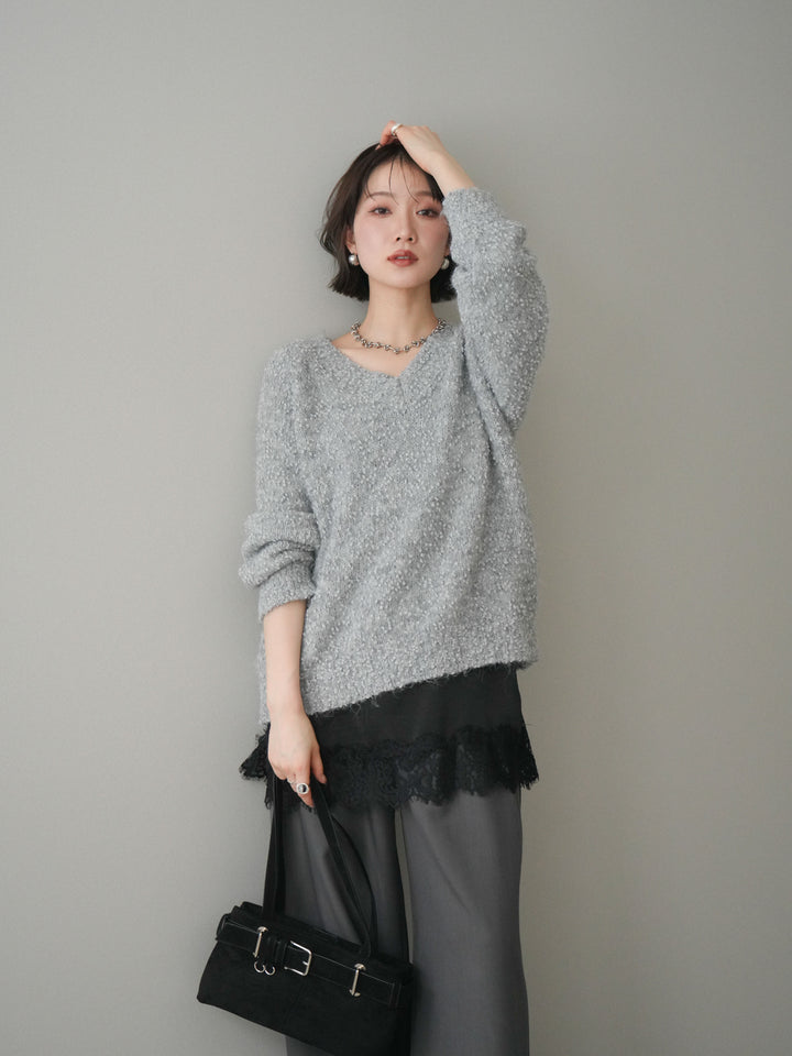 [SET]Vネックスラブニットプルオーバー+選べるアクセセット(2set)