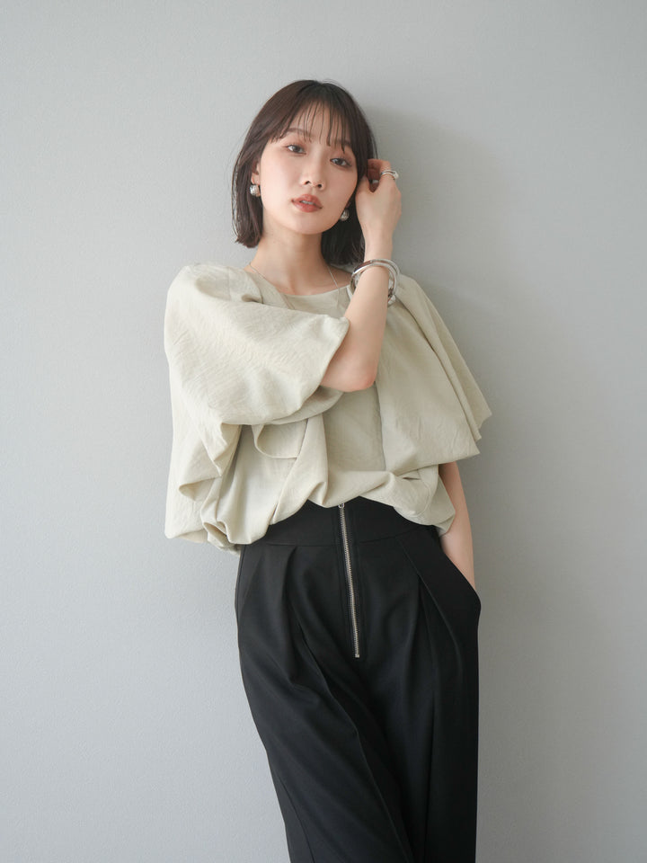 [SET] 燈籠袖褶襉設計上衣 + 拉鍊褶襉寬褲 (2 套)