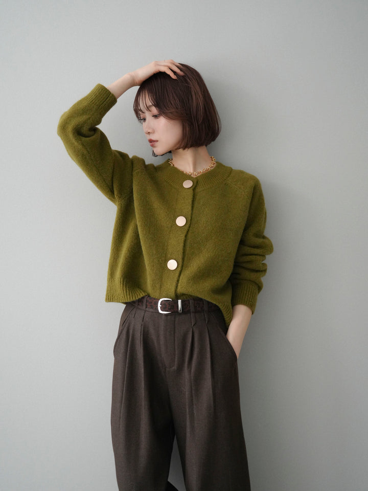 [SET]BIGボタンニットカーディガン+アニマル柄ベルト付きウールタッチワイドパンツ(2set)