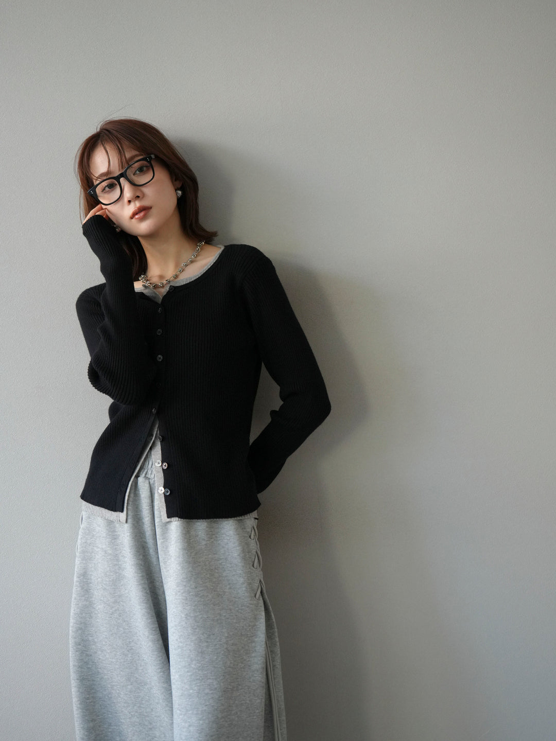 [予約]レイヤード配色ニットカーディガン/ブラック