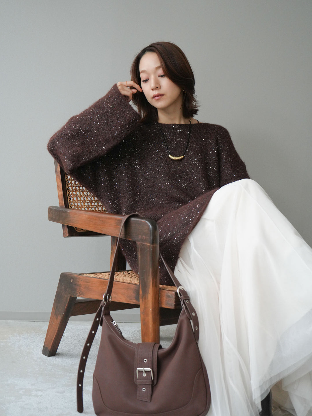 [予約]スパンコールミニシャギーニットチュニック/brown