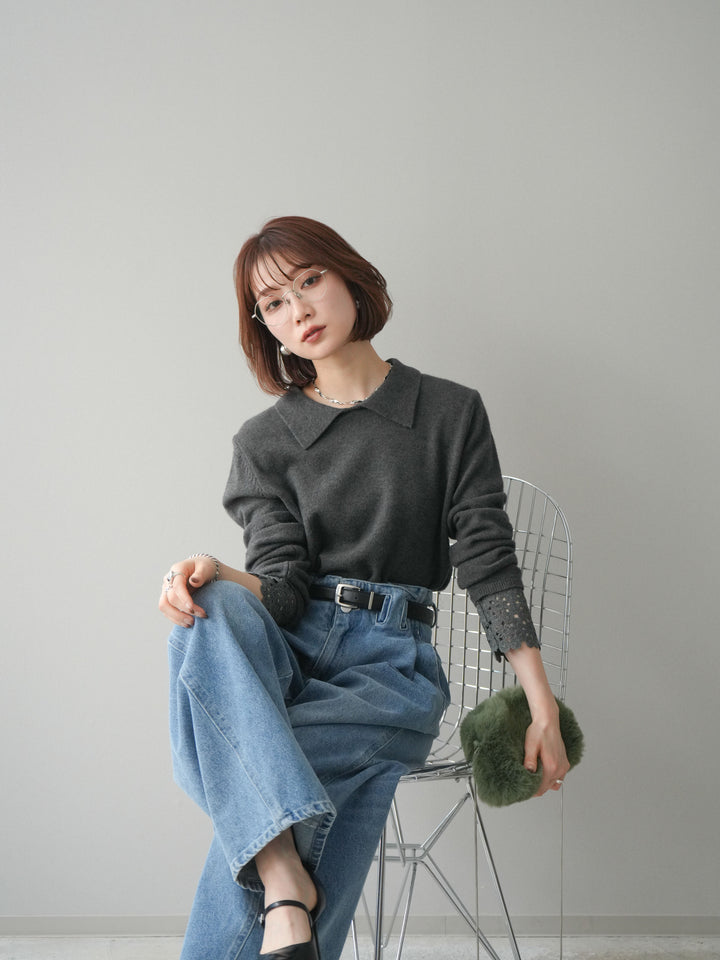 [SET]スカラップレース袖襟付きニットトップス+選べるアクセセット(2set)