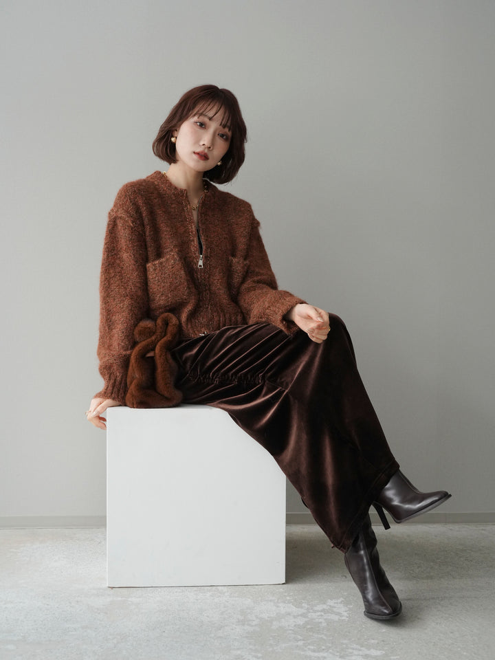 [予約]ミックスヤーンダブルZIPニットカーディガン/brown