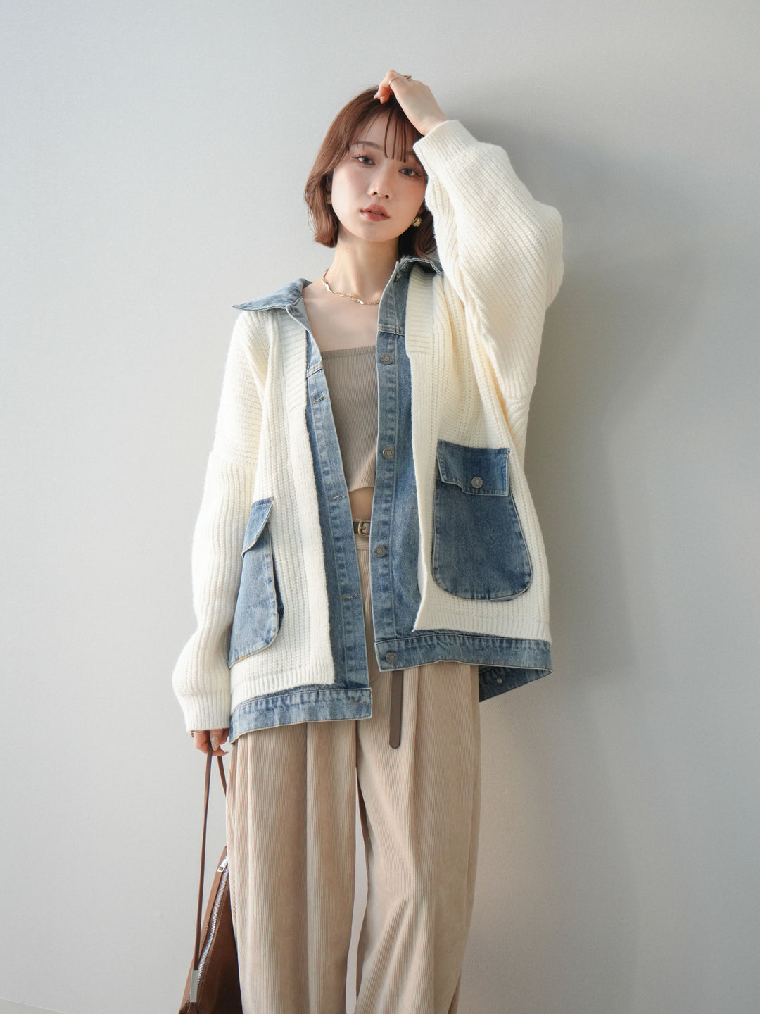 [SET]デニムドッキングオーバーニットジャケット+コーデュロイサイドタックコクーンパンツ(2set)