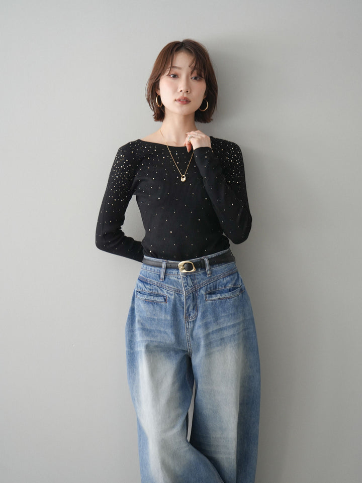 [SET]スパンコールシアーニットトップス+選べるアクセセット(2set)