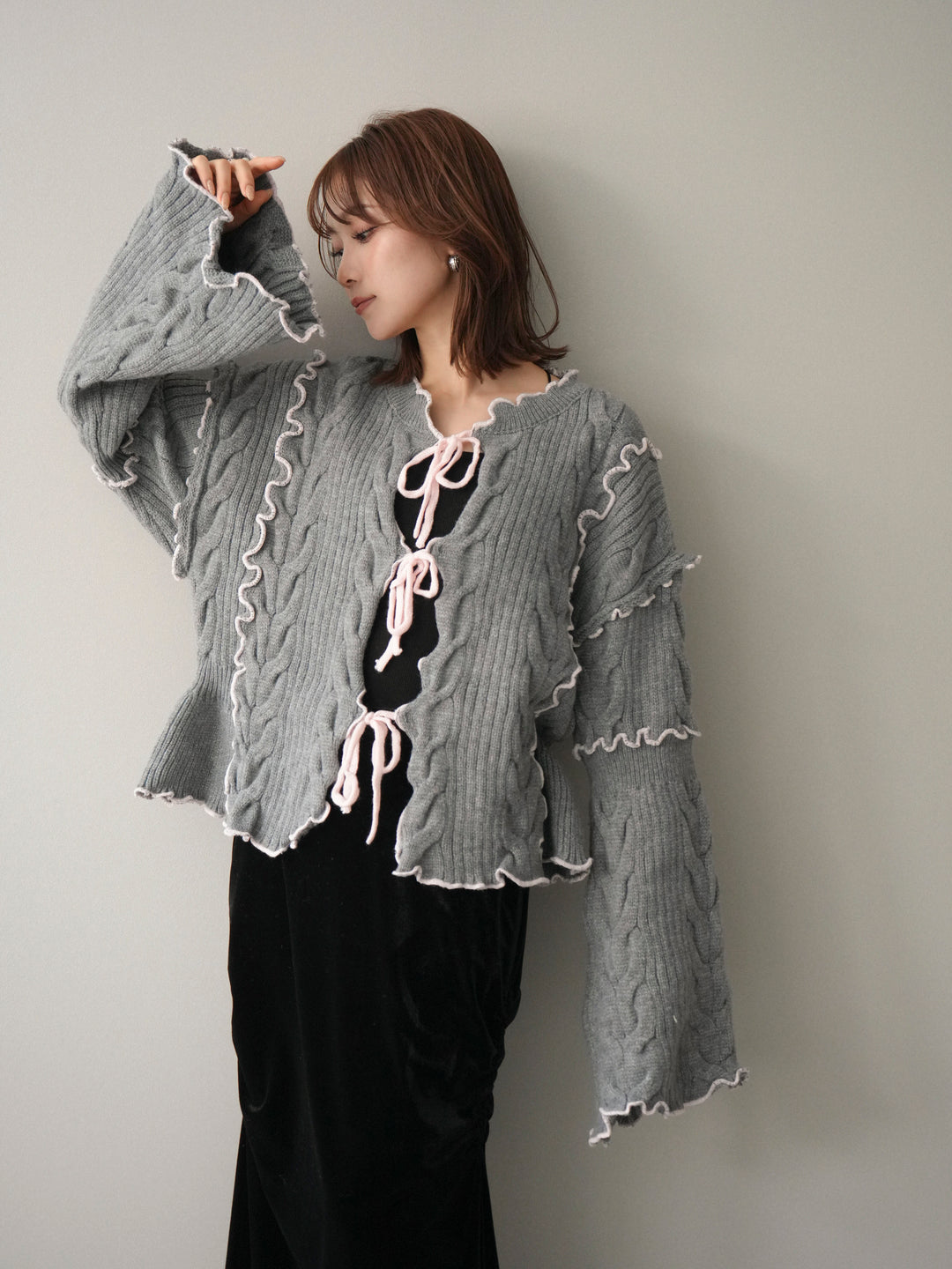 [SET]フロントリボン配色メローニットカーディガン+フロントリボン配色メローニットカーディガン(2set)