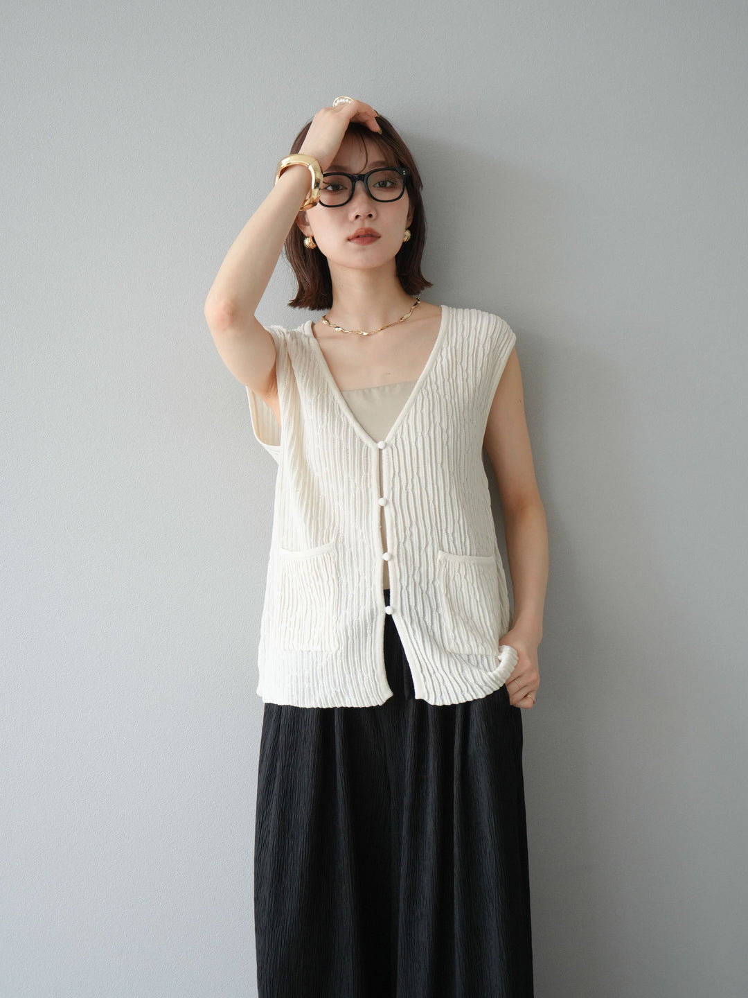 [SET] 波浪夏季針織背心+柳葉寬腿褲（2件套）