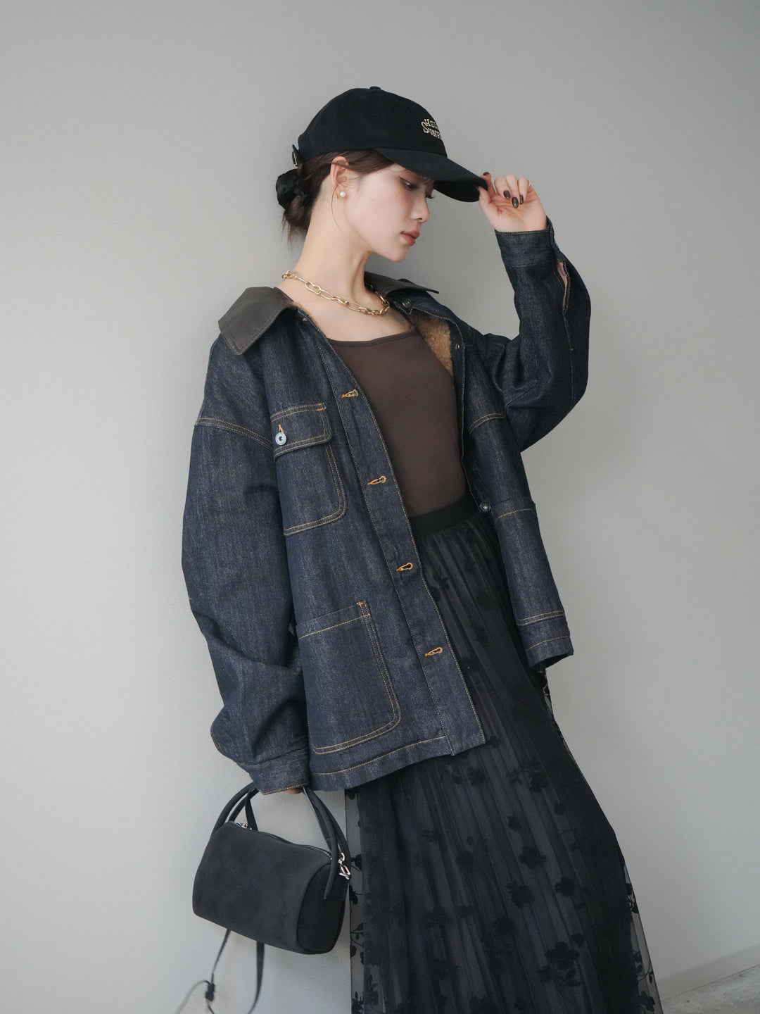 [SET]裏地ファーデニムフライトジャケット+フラワーフロッキーチュールプリーツスカート(2set)