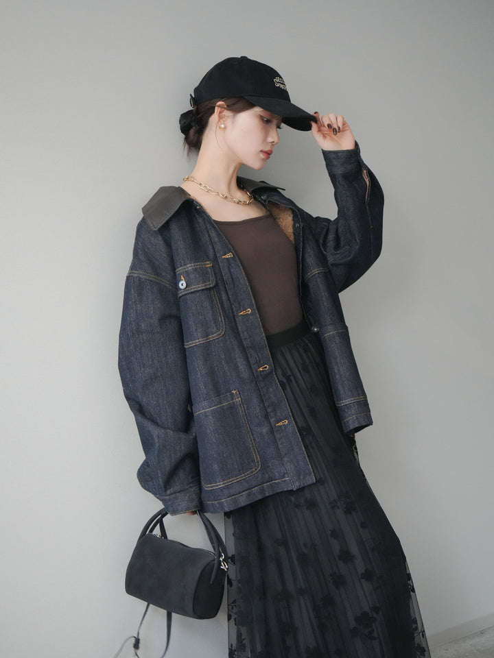 [SET]裏地ファーデニムフライトジャケット+フラワーフロッキーチュールプリーツスカート(2set)