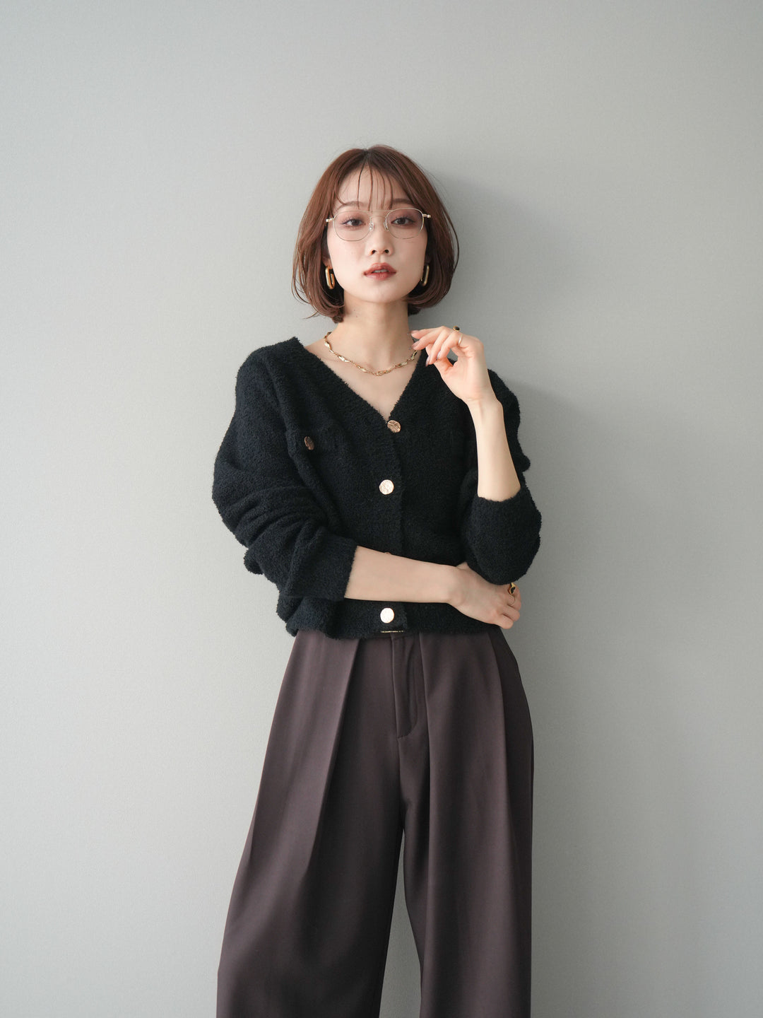 [SET]ゴールドボタンモールニットカーディガン+ベルトループデザインワイドパンツ(2set)