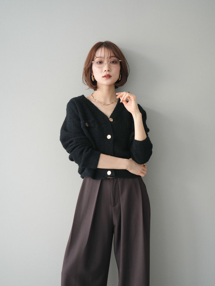 [SET]ゴールドボタンモールニットカーディガン+ベルトループデザインワイドパンツ(2set)