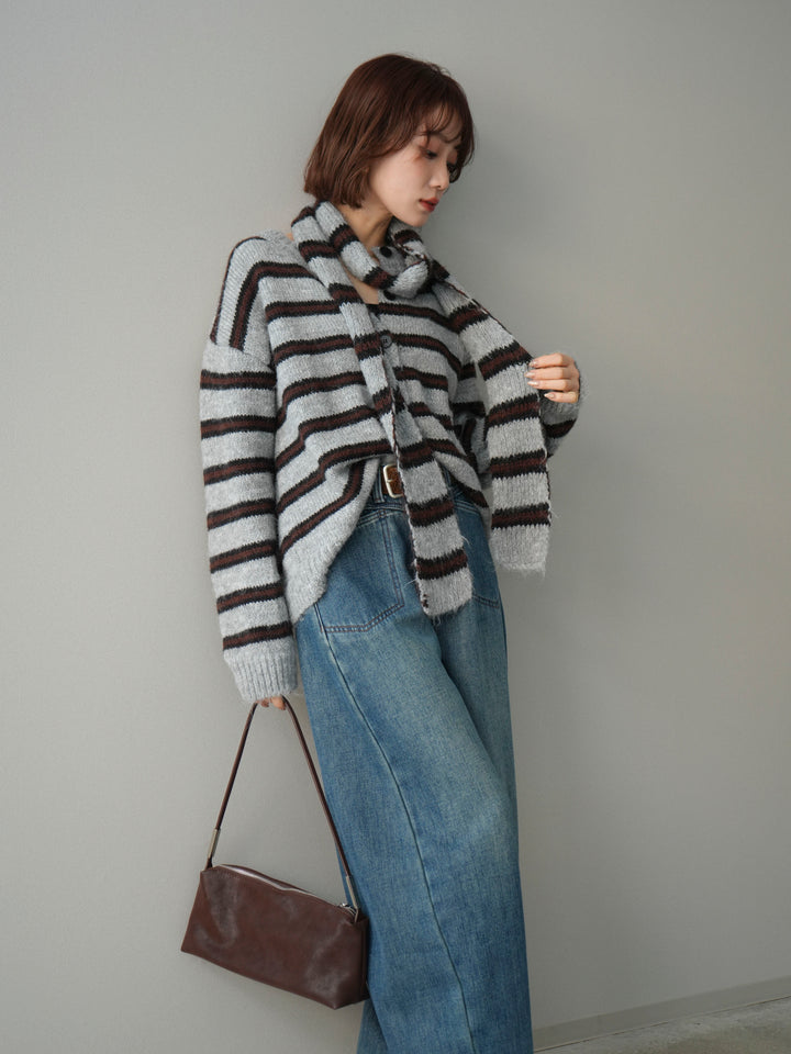 [SET]ボウタイ付きボーダーニットプルオーバー+ベルト付裏起毛カーブデニムパンツ(2set)