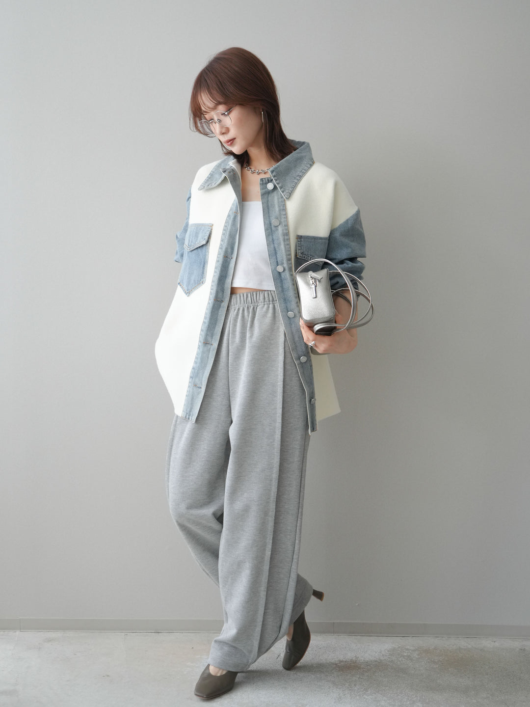 [SET]デニム襟ダブルフェイスニットカーディガン+2WAYデザインスウェットパンツ(2set)