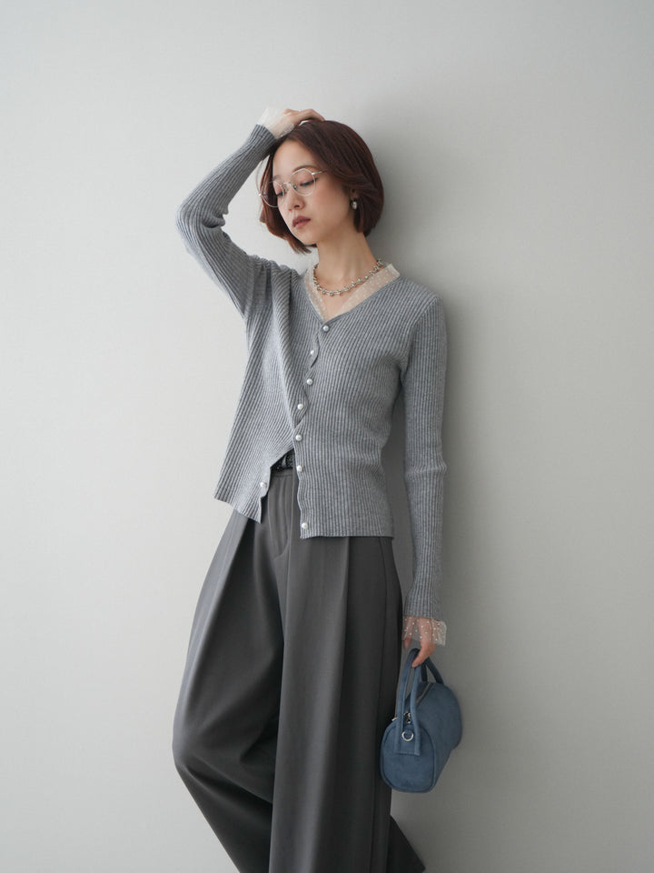 [SET]チュールドッキングパールボタンニットカーディガン+選べるアクセセット(2set)