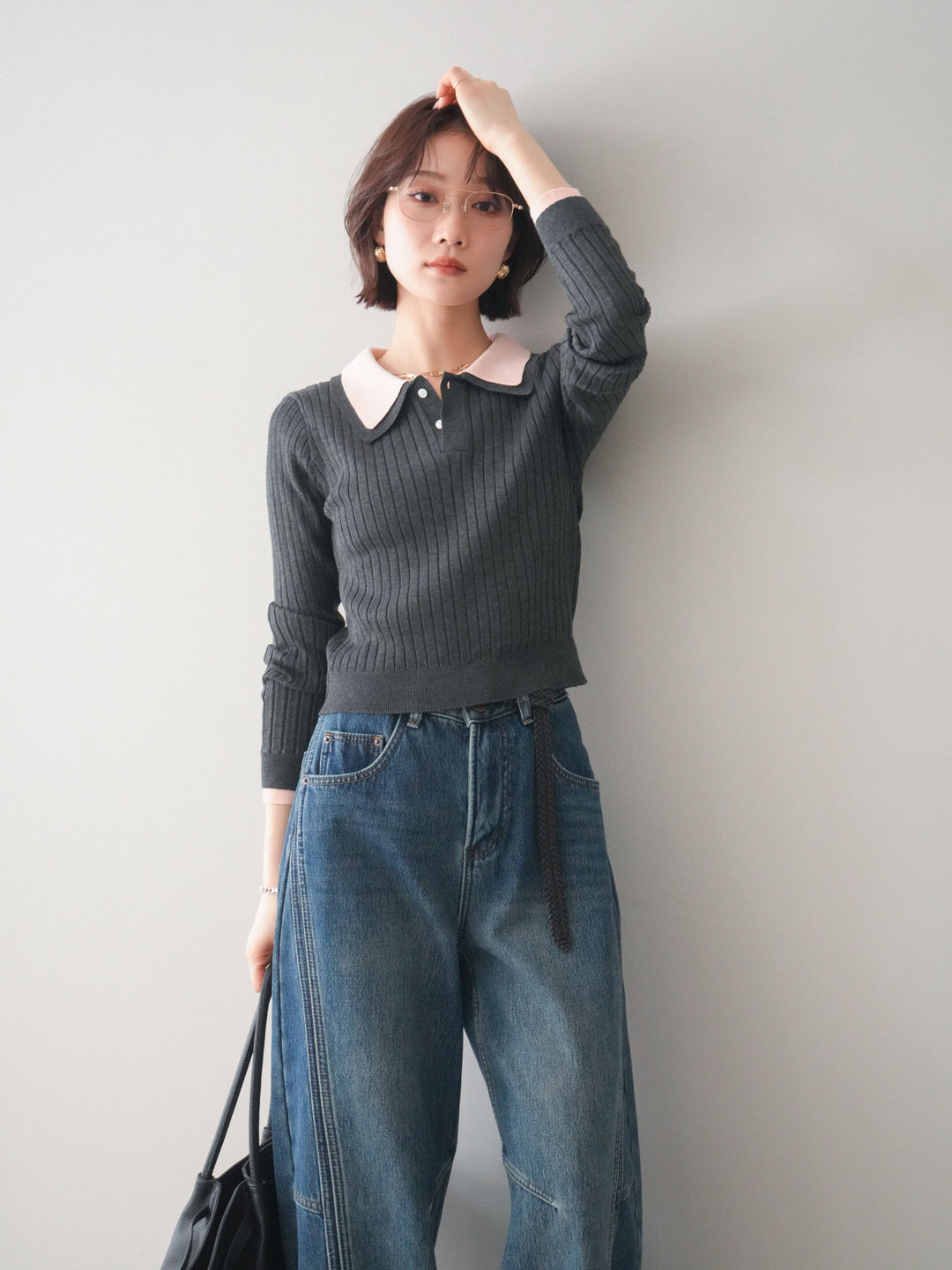 [SET]ダブル襟ポロリブニットトップス+ダブル襟ポロリブニットトップス(2set)