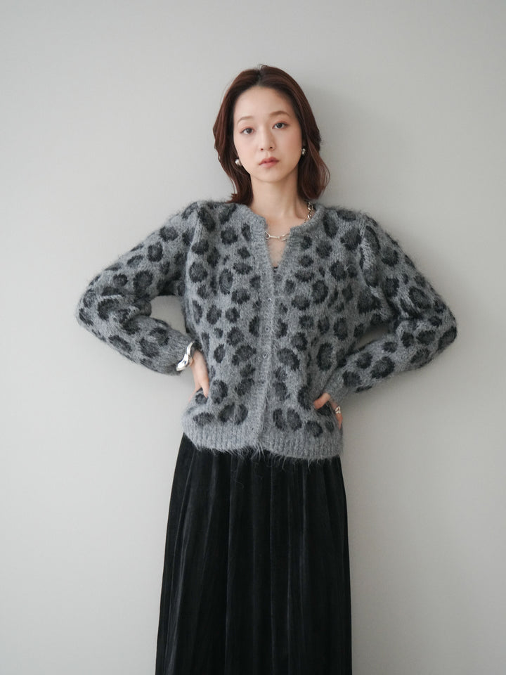 [SET]モヘアタッチレオパード柄ニットカーディガン+ワッシャーベロアプリーツスカート(2set)