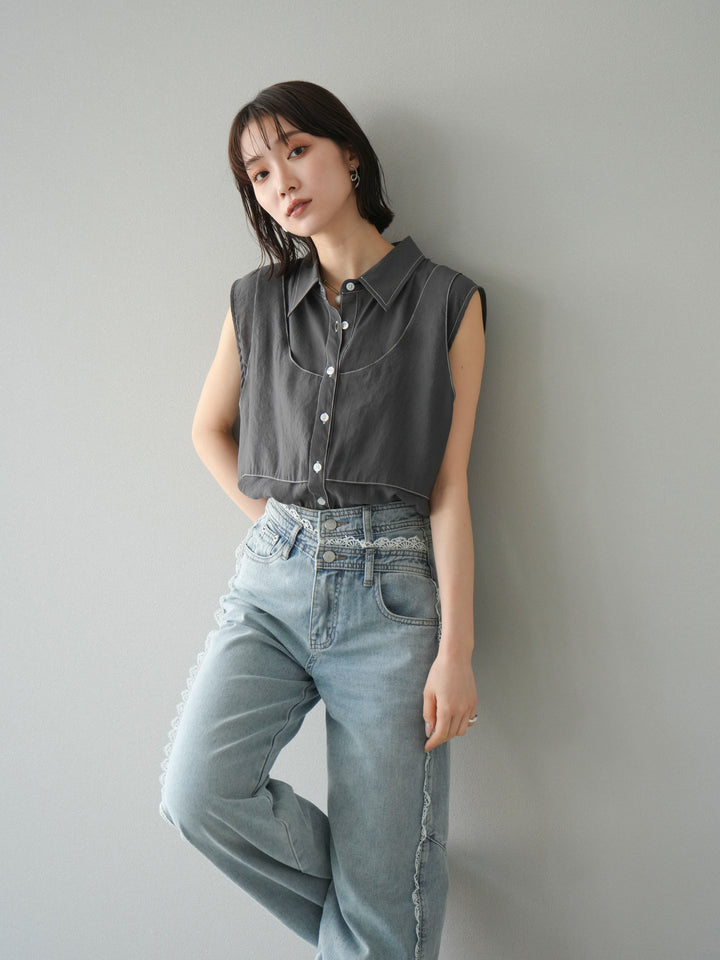 [預訂] 縫合透視多層設計襯衫/炭灰色