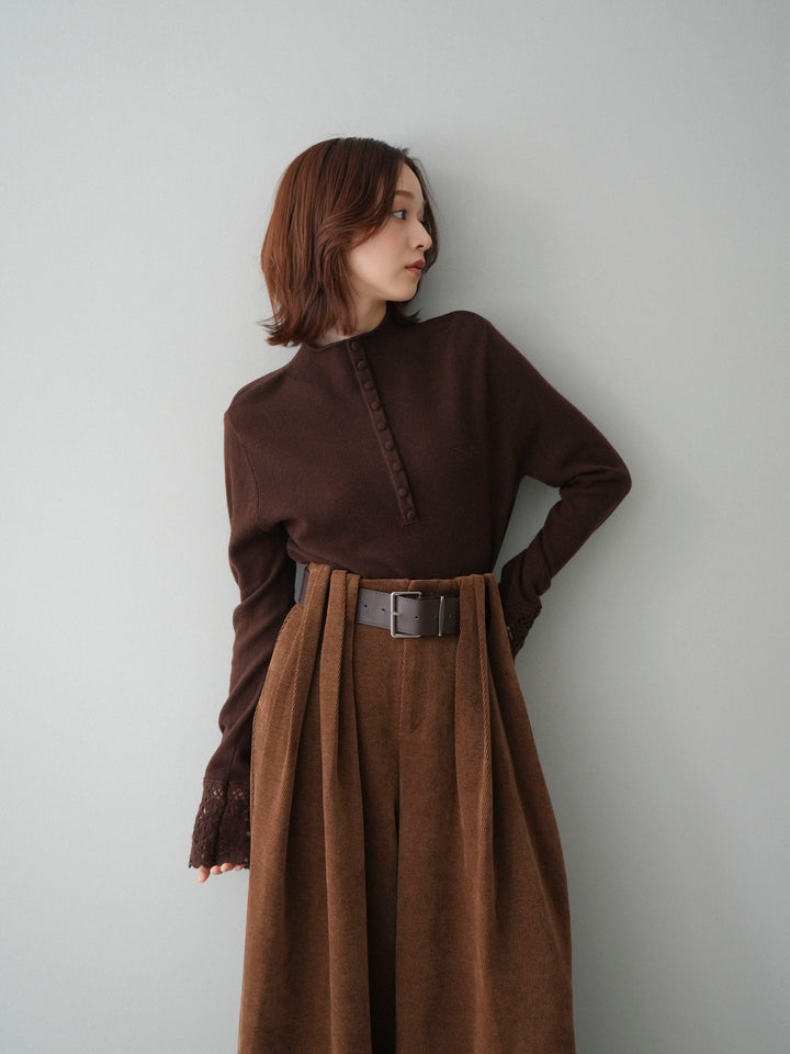 [SET]袖スカラップレースフロントボタンウールニットトップス+ベルトデザインループコールテンワイドパンツ(ベルト付き)(2set)
