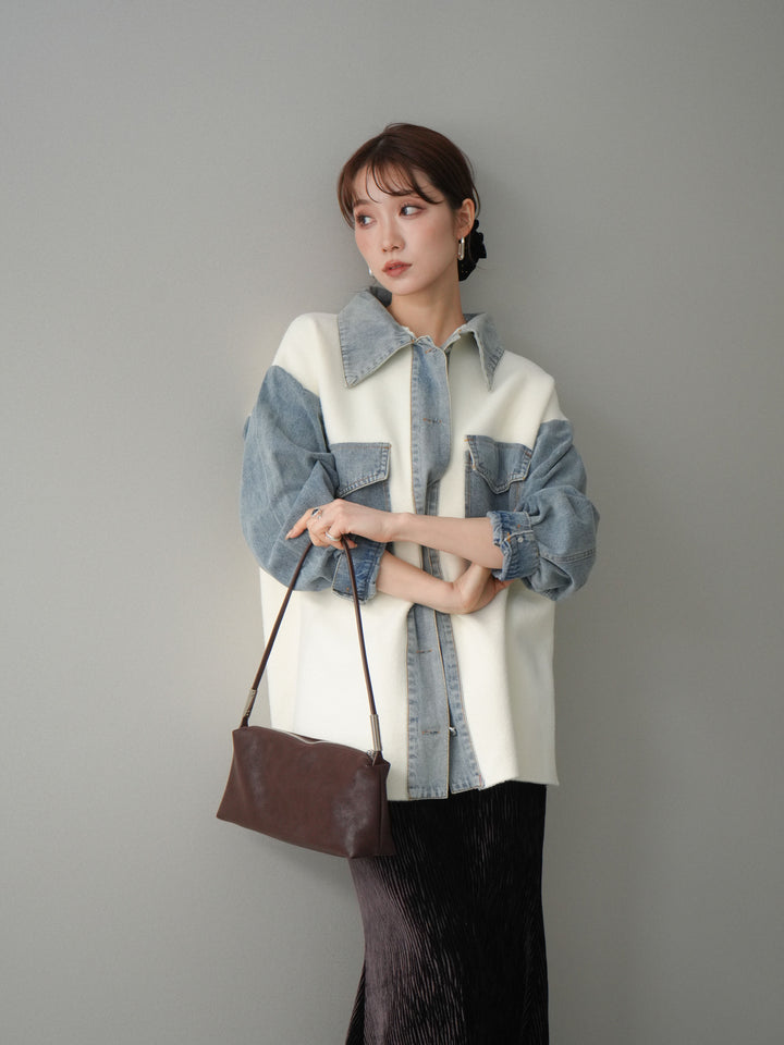 [予約]デニム襟ダブルフェイスニットカーディガン/white