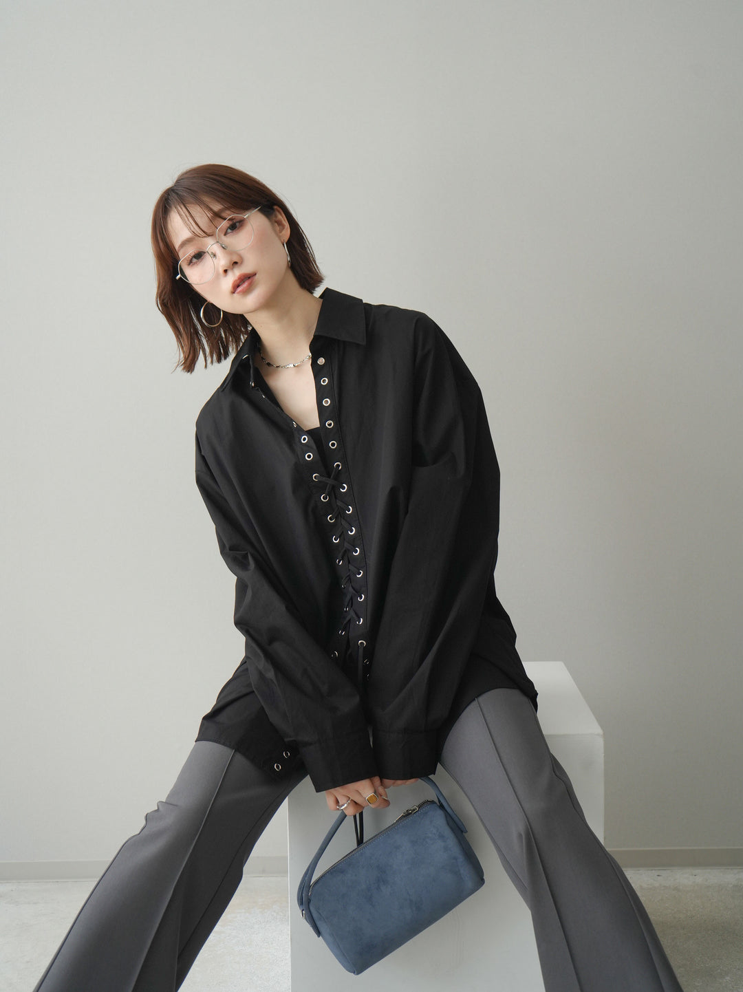 [SET]レースアップブロードシャツ+センターシームフレアパンツ(2set)