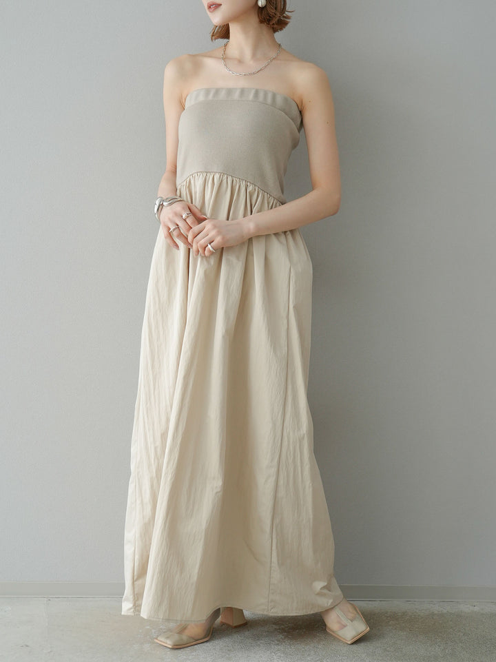 [預訂] 針織 x 塔夫綢小熊洋裝/米色