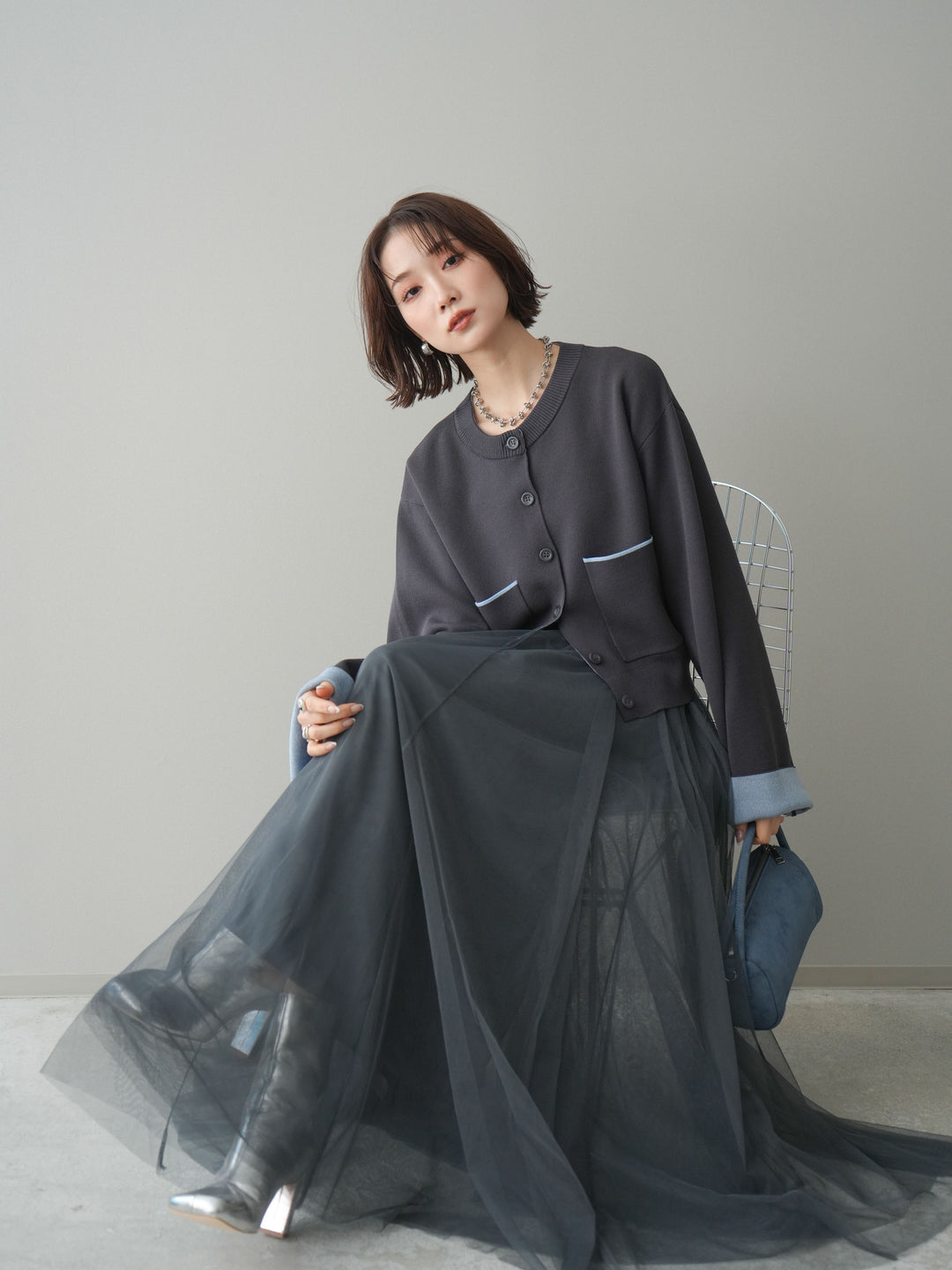 [予約]レーヨンポリダブルフェイスニットカーディガン/charcoal