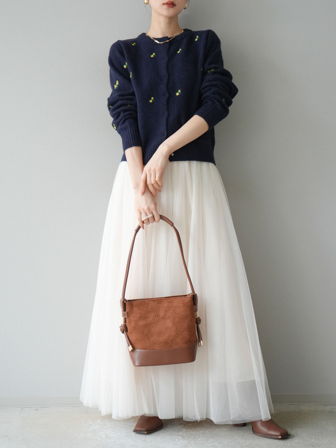 [SET]フラワー刺繍ニットカーディガン+チュールボリュームスカート(2set)