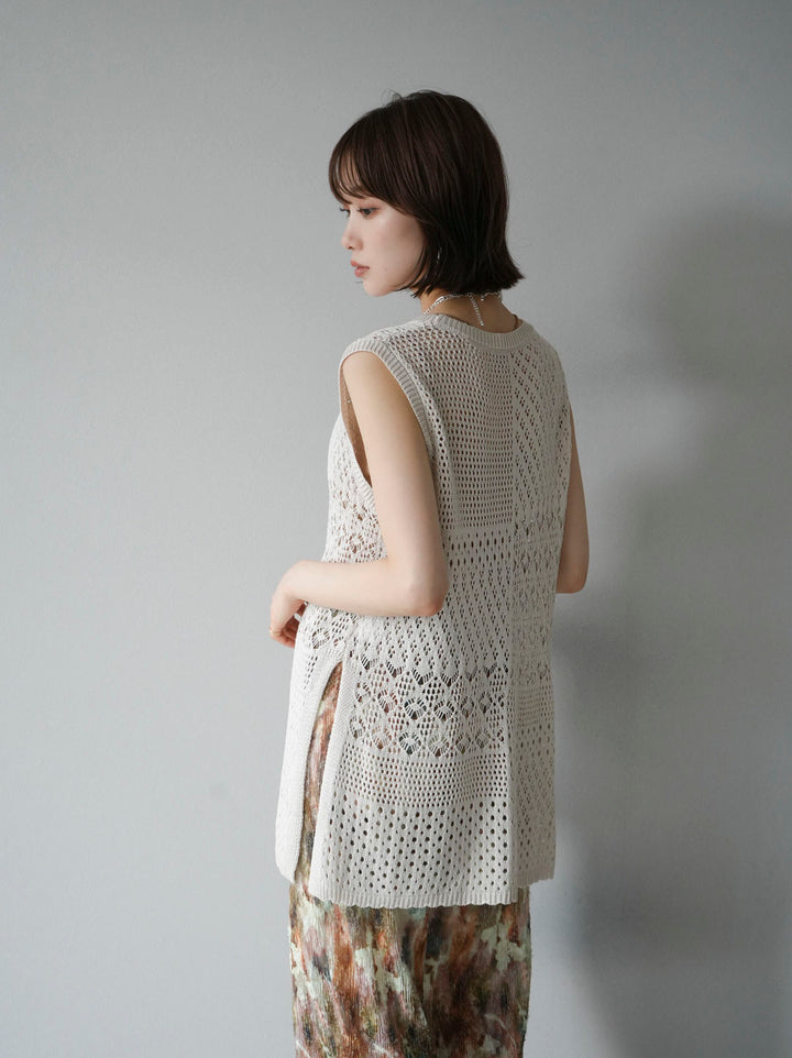 [Pre-order] Openwork side slit knit top/ivory