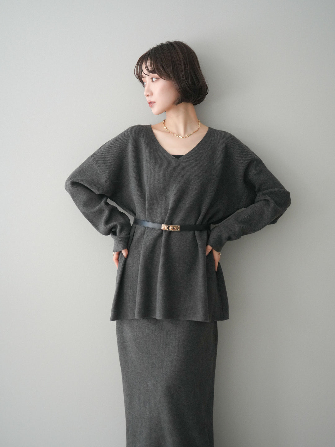 [SET]ベルト付Vネックニット＆スカートSET UP+ベルト付Vネックニット＆スカートSET UP(2set)