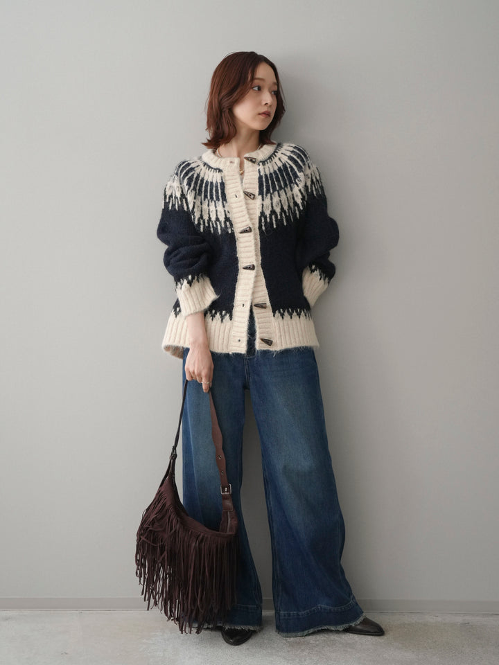 [SET]トグルボタン求心柄ニットカーディガン+裏起毛裾フリンジワイドデニムパンツ(2set)