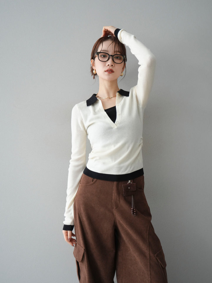 [予約]レイヤード配色ポロニットトップス/beige