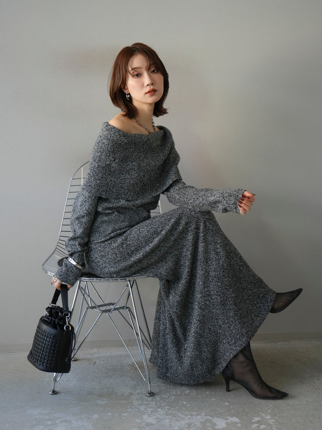 [予約]ミックスヤーンオフショルニットプルオーバー/ブラック