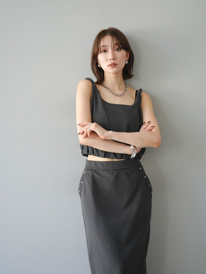 [SET]ミニ裏毛ツイストキャミバルーントップス＆Iラインスカート(2set)