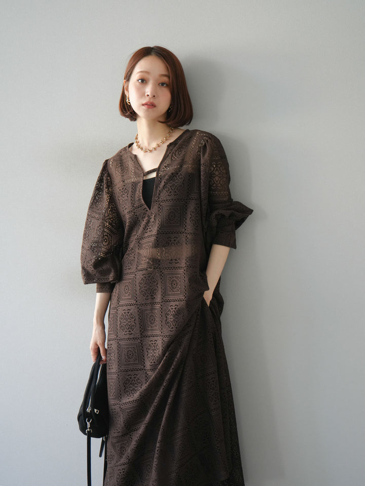[予約]ブロックレースボリュームスリーブワンピース/ブラウン