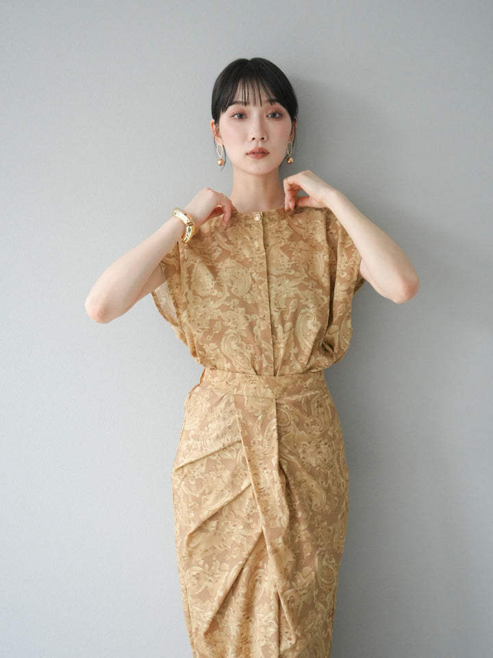 [SET]ペイズリープリントゴールドボタンブラウス+ペイズリープリントタックIラインスカート(2set)