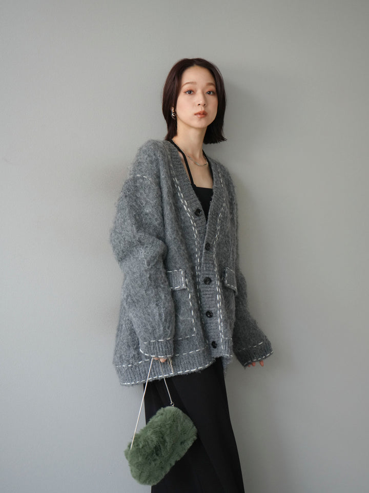 [予約]ステッチVネックニットカーディガン/グレー