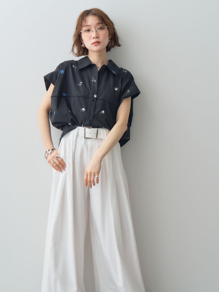 【套裝】花卉刺繡燈籠無袖襯衫+腰帶設計環扣闊腿褲（兩件套）