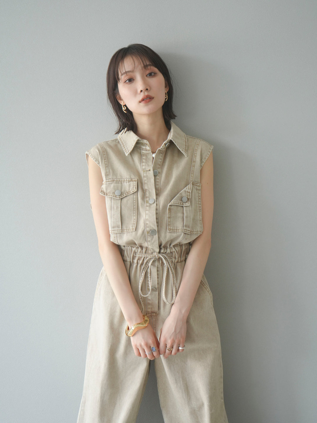 [予約]ポケットデザインデニムオールインワン/キャメル