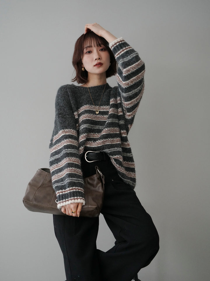 [予約]ステッチボーダーニットプルオーバー/gray