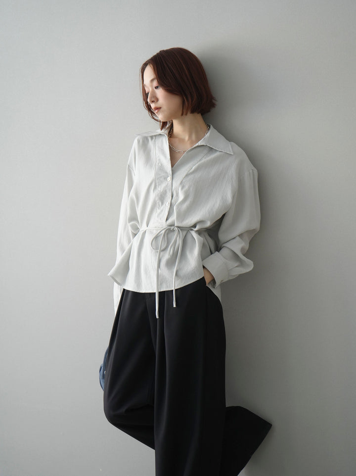 [SET]Vネック変形ラインシャツ+ベルト付キーホルダーモチーフワイドパンツ(2set)