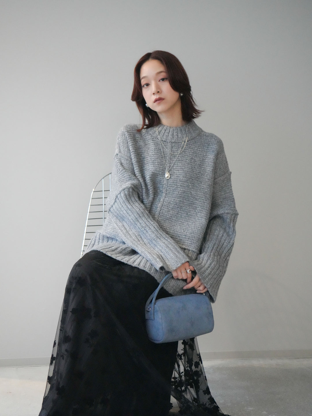 [SET]編み地切替ボトルネックニットプルオーバー+フラワーフロッキーチュールプリーツスカート(2set)