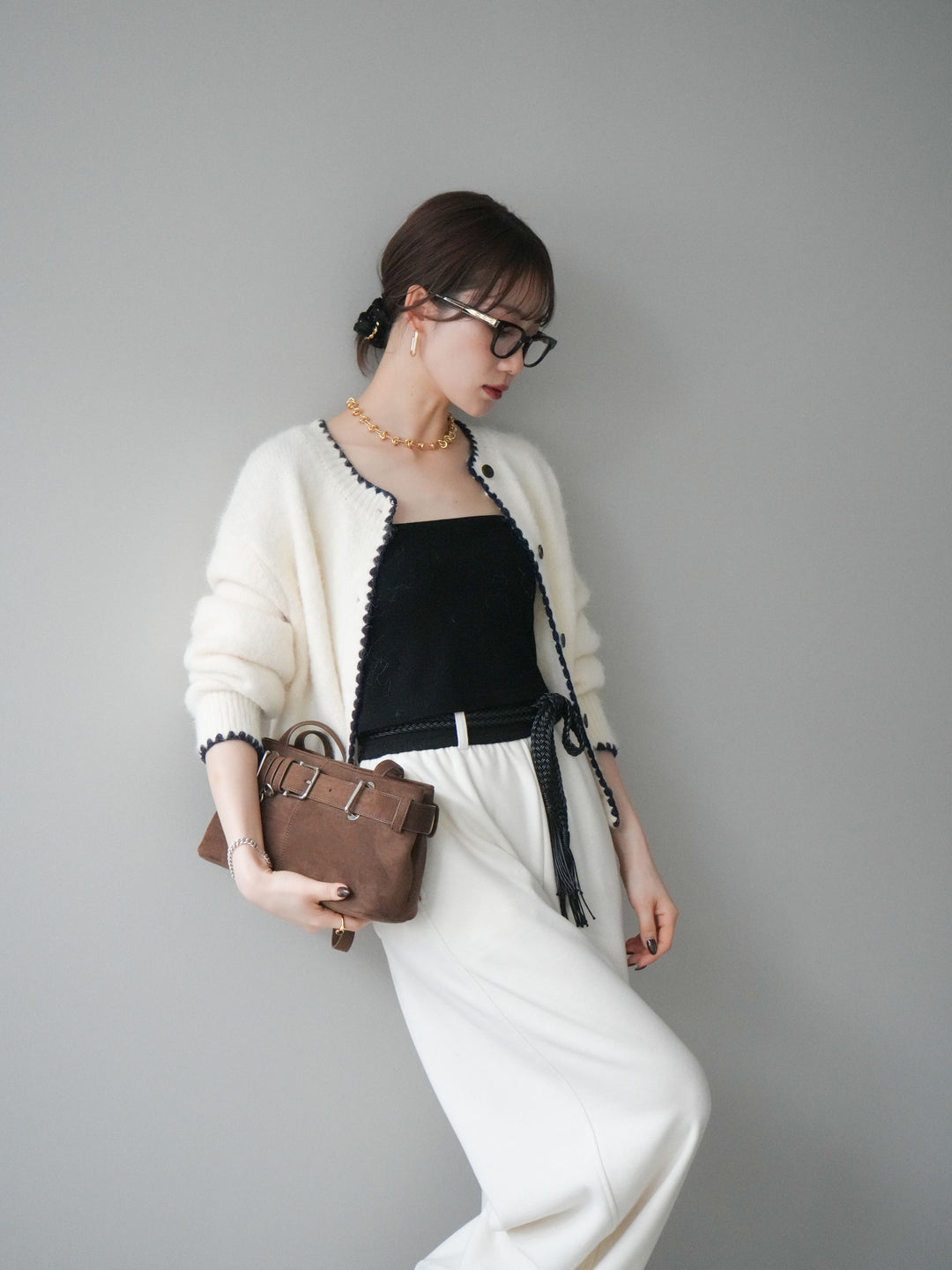 [予約]三角ステッチニットカーディガン/white