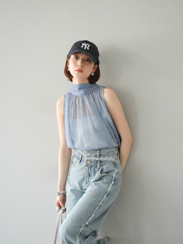 [予約]ニュアンスシアーホルターネックブラウス/ブルー