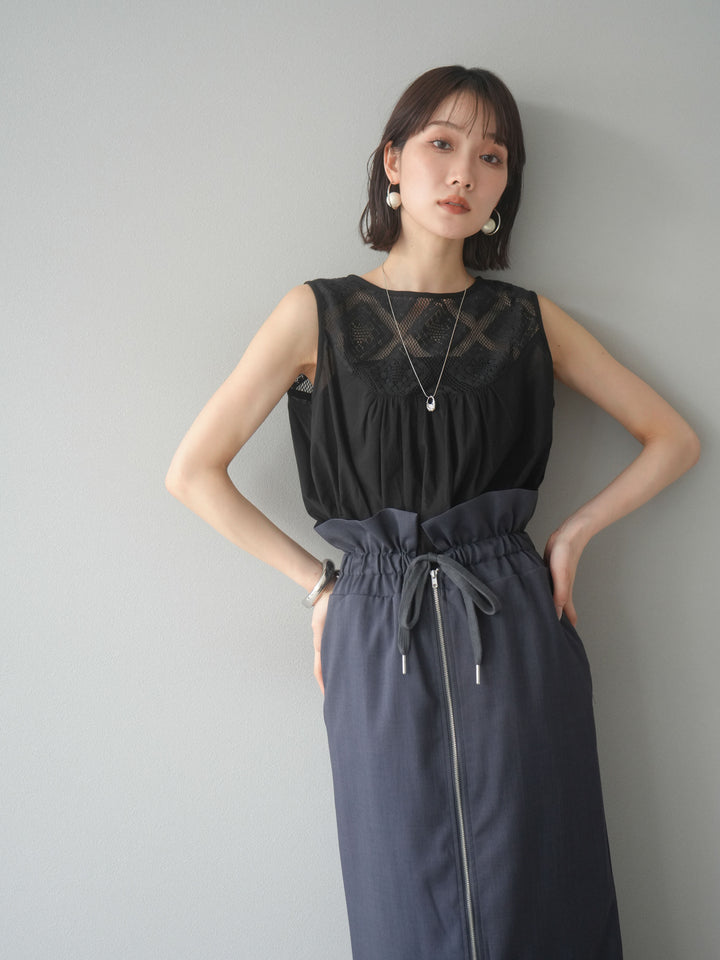 [予約]インド製コットンレース切替ノースリブラウス/ブラック