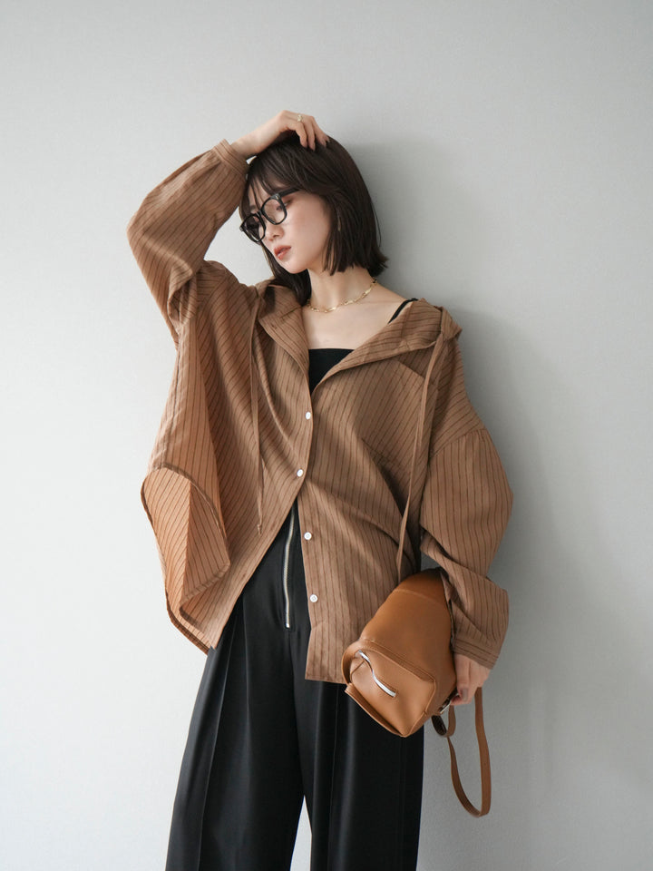 [予約]ワッシャーストライプフーディーシャツ/ブラウン