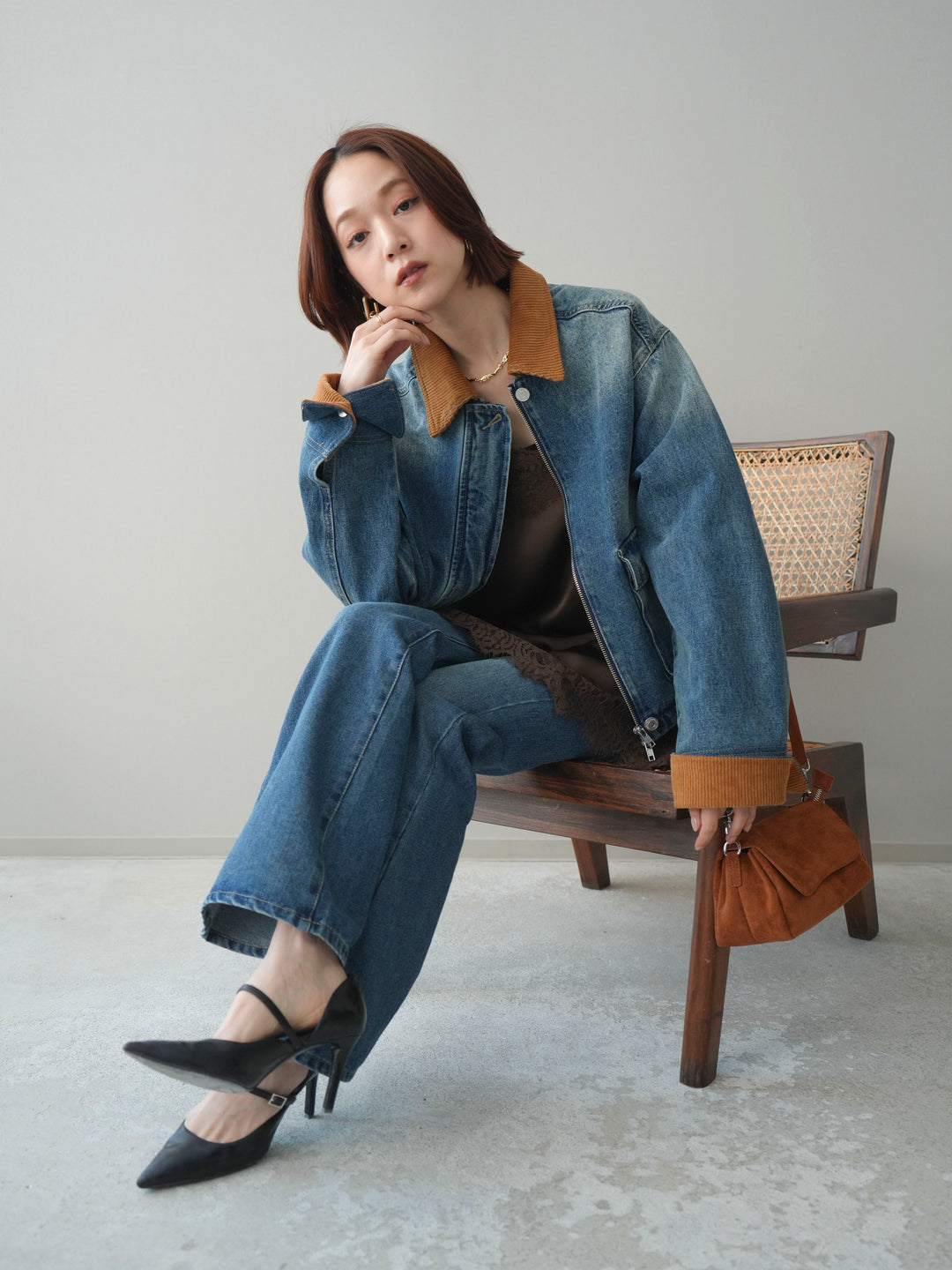 [予約]コーデュロイ×デニムショートカバーオール/blue