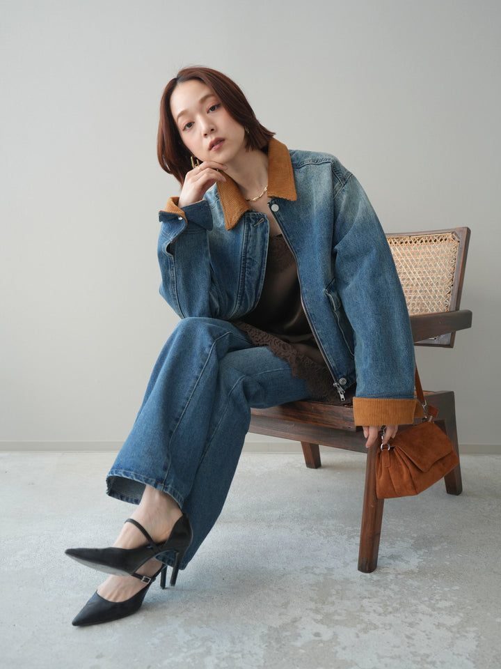 [予約]コーデュロイ×デニムショートカバーオール/blue