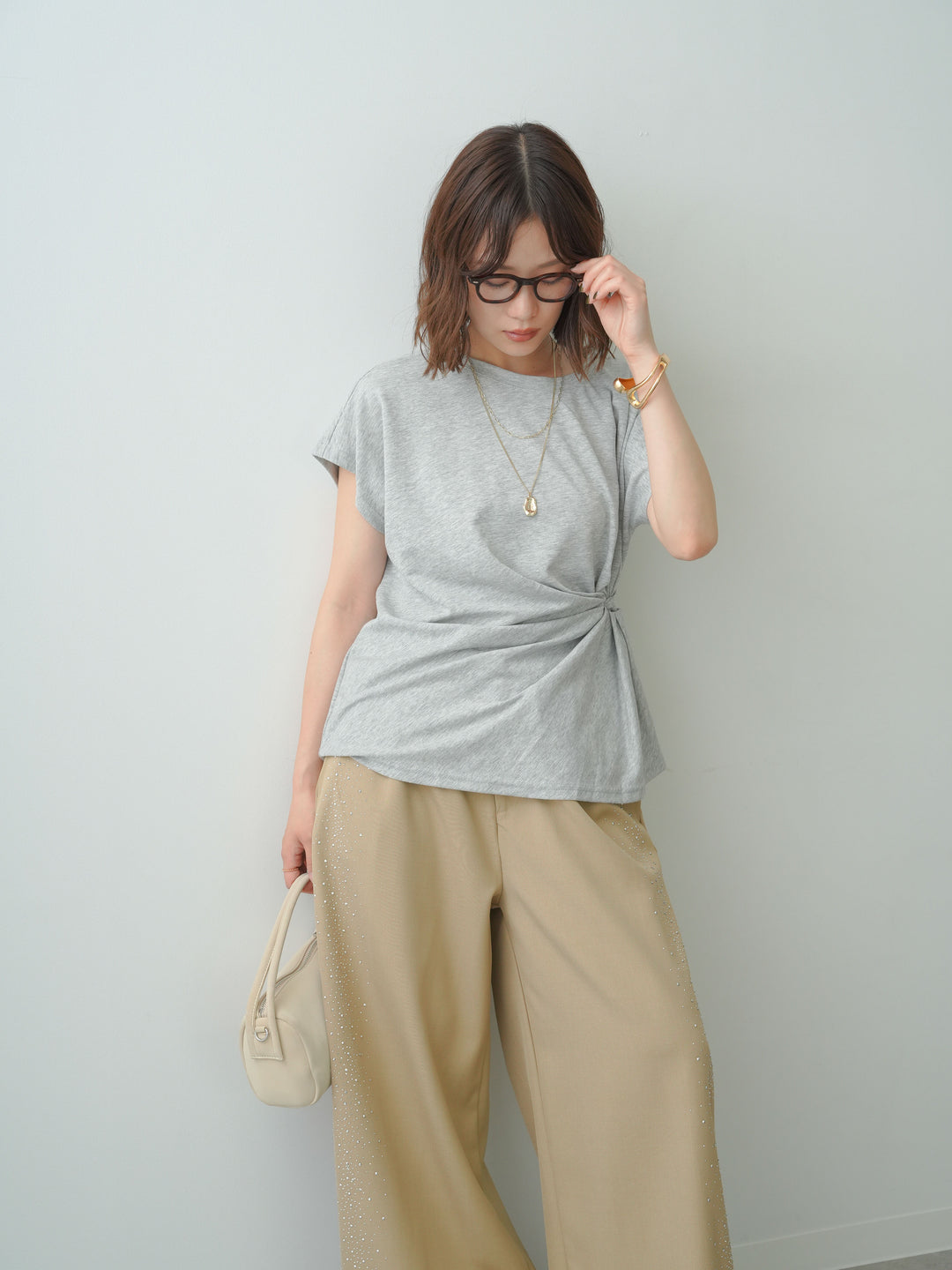 [SET]サイドノットTEE+ポーチベルト付サイドビジュータックワイドパンツ(2set)